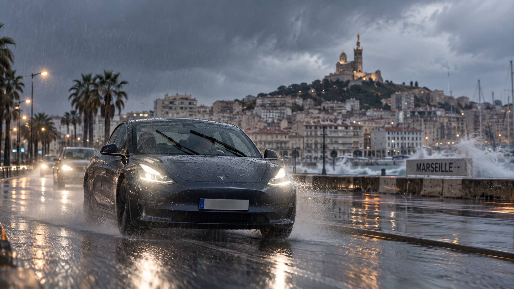 Voiture circulant sous une forte pluie à Marseille