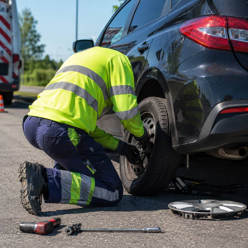 Voiture immobilisée sans roue de secours