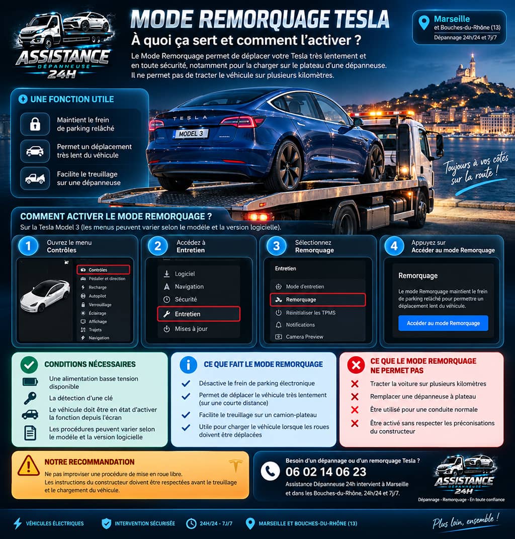 Infographie expliquant le rôle et l’activation du Mode Remorquage sur une Tesla Model 3