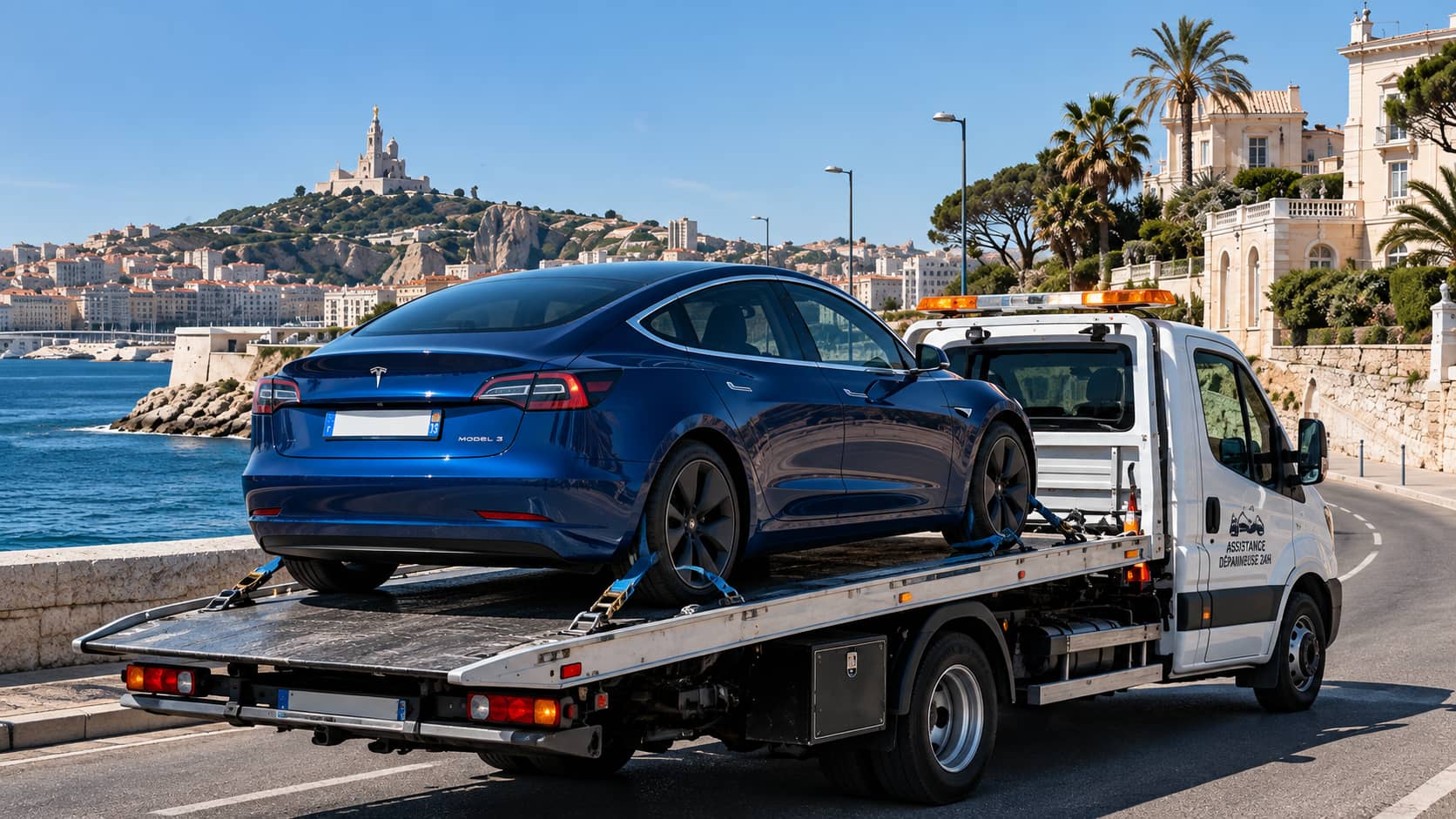 Dépannage et remorquage d’une Tesla à Marseille sur un camion plateau